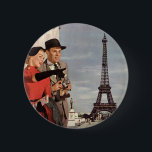 Badge Rond 5 Cm Vintage Tourists Traveling in Paris Eiffel Tower<br><div class="desc">Vintage illustration travel and transportation image featuring vacationing newlyweds sightseeing in Paris, France with the Eiffel Tower in the background. A love and romance design with a man and woman on a romantic vacation, a couple in the city of lights on their honeymoon. She is holding a map of the...</div>