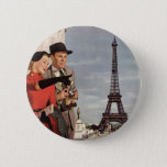 Badge Rond 5 Cm Vintage Tourists Traveling in Paris Eiffel Tower<br><div class="desc">Vintage illustration travel and transportation image featuring vacationing newlyweds sightseeing in Paris, France with the Eiffel Tower in the background. A love and romance design with a man and woman on a romantic vacation, a couple in the city of lights on their honeymoon. She is holding a map of the...</div>