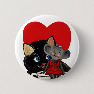 Badge Rond 5 Cm Vintage Valentine's Day, Cat Mouse Tea Cup Heart