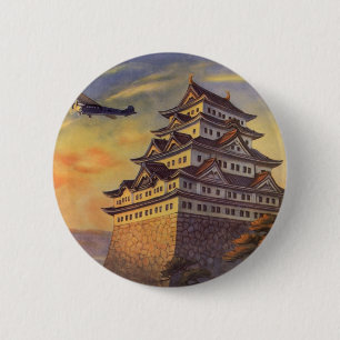 Badge Rond 5 Cm Vintage voyage Japon, Pagode Japonaise Avion