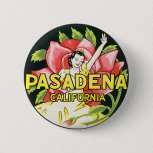 Badge Rond 5 Cm Vintage voyage, Pasadena Californie, Dame et Rose