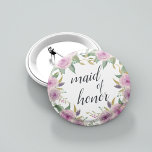 Badge Rond 5 Cm Violet & Sage Maid of Honor<br><div class="desc">Identifiez les joueurs clés de votre douche nuptiale avec nos boutons floraux élégants et doucement chics. Bouton avec fleurs rose et violet violet couleur d'eau et feuilles verts,  avec "bonne d'honneur" inscrit à l'intérieur dans le script de calligraphie.</div>
