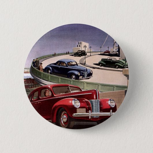 Badge Rond 5 Cm Voitures d'époque, Voyage sur la route des berline (Devant)