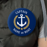 Badge Rond 5 Cm Votre nom de bateau Capitaine Ancre Gold Laurel Ma<br><div class="desc">Bouton personnalisé avec votre nom de bateau, nom de famille ou autre texte désiré et titre de capitaine ou autre grade selon les besoins. Doté d'une ancre nautique conçue sur mesure, de feuilles de lauriers de style or et d'un emblème d'étoiles en bleu marine ou de régler facilement la couleur...</div>