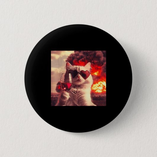 Badge Rond 5 Cm Wacky Cat Holding Wine Selfi With Fire Funny Sungl (Devant)