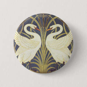 Badge Rond 5 Cm Walter Crane Swan, Rush Et Iris Art Nouveau