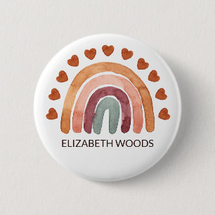 Badge Rond 5 Cm Watercolor Modern Boho Rainbow & Heart Name