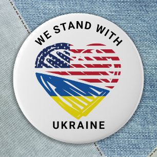 Badge Rond 5 Cm We Stand With Ukraine USA American Flag Heart