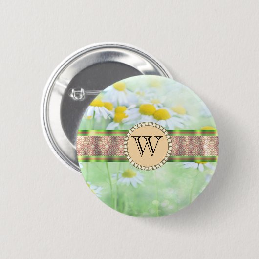 Badge Rond 5 Cm White Daisy's in Green Meadow Monogramme (Devant & derrière)