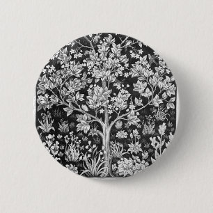 Badge Rond 5 Cm William Morris - Arbre De Vie Noir Et Blanc