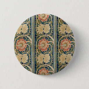 Badge Rond 5 Cm William Morris Fleurs Roses Soie Broderie Antique
