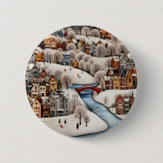 Badge Rond 5 Cm Winter Village Scene Cozy Snowy Town 