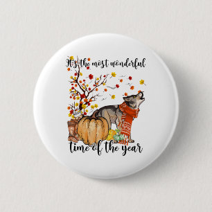 Badge Rond 5 Cm Wolf Chien Automne Citrouilles Automne Feuilles Ar