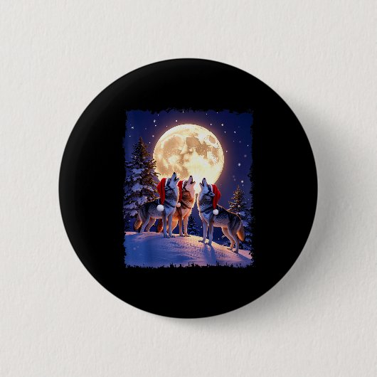 Badge Rond 5 Cm Wolf Christmas Funny 3 Wolf Howling Moon Santa Hat (Devant)