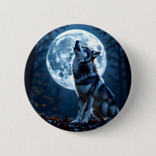 Badge Rond 5 Cm Wolf Howling à la Lune