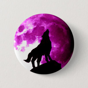 Badge Rond 5 Cm Wolf Howling à Moon