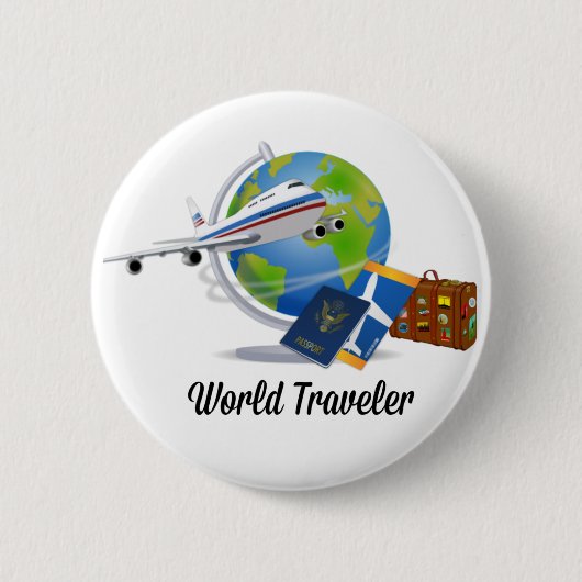Badge Rond 5 Cm World Traveller, emballé et prêt à partir, (Devant)