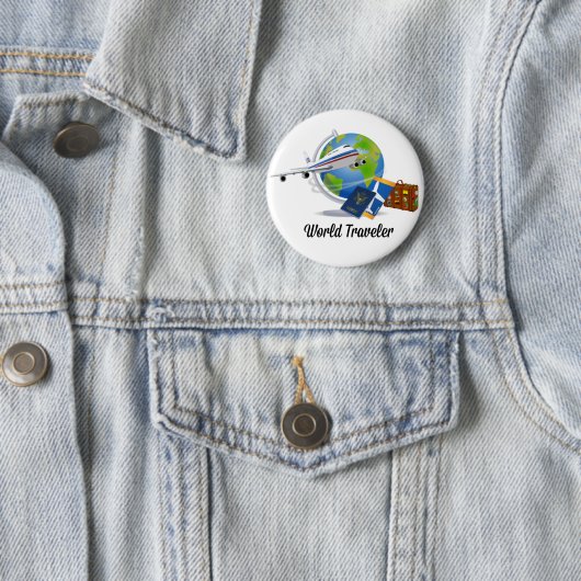 Badge Rond 5 Cm World Traveller, emballé et prêt à partir, (En situation)