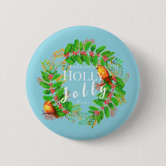 Badge Rond 5 Cm Wreath Holly Jolly Noël Turquoise (Devant)