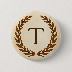 Badge Rond 5 Cm Wreath Laurel sur le monogramme initial T