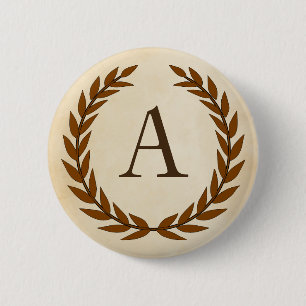 Badge Rond 5 Cm Wreath Laurel sur Parchemin Monogramme initial A
