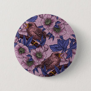 Badge Rond 5 Cm Wren and hellebore, rose et violetWren and helleb
