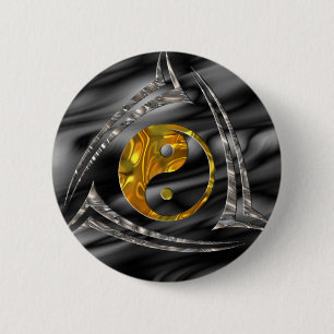 Badge Rond 5 Cm Yin et Yang/tribal - argent d'or