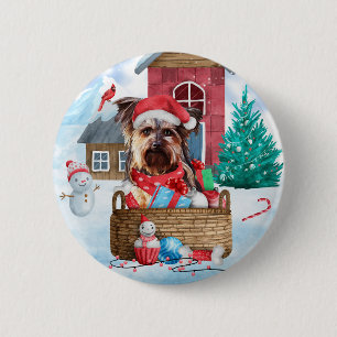 Badge Rond 5 Cm Yorkshire Terrier Chien dans la neige Maison de ch
