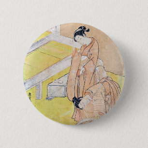 Badge Rond 5 Cm Young Girl lance le poisson rouge dans les boutons