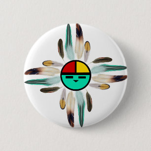 Badge Rond 5 Cm Zia Sun God with Feathers