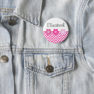 Badge Rond 5 Cm Zigzag Rose, Chevron Rose, Motif Vague, Votre Nom