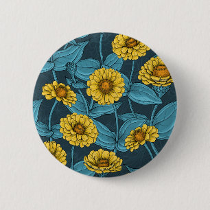 Badge Rond 5 Cm Zinnias jaune sur bleu foncé