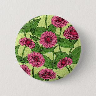 Badge Rond 5 Cm Zinnias rose sur vert clair