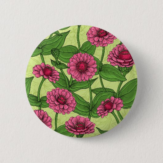 Badge Rond 5 Cm Zinnias rose sur vert clair (Devant)