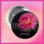 Badge Rond 7,6 Cm 100 Years Old, Pink Rose Button Pin<br><div class="desc">This pin is made with an original photograph of a single perfect pink rose. This unique pin is a great gift for someone who is 100 Years Old. They can wear it with style at their 100th birthday party! It can be personalized, both name and number of years. It is...</div>