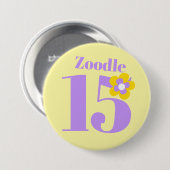 Badge Rond 7,6 Cm 15ème anniversaire filles jaune violet (Devant & derrière)