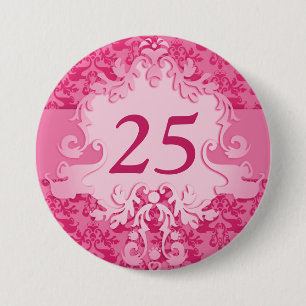 Badge Rond 7,6 Cm "25" bouton/insigne de rose d'éléphant de damass