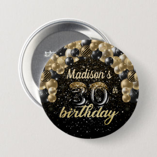 Badge Rond 7,6 Cm 30e anniversaire Black Gold Balloon Parties scinti