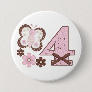 Badge Rond 7,6 Cm 4ème bouton d'anniversaire de papillon rose