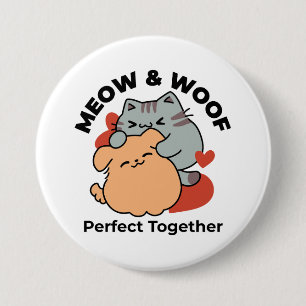 Badge Rond 7,6 Cm Adorable chat et chien Hug - Meow & Woof Design