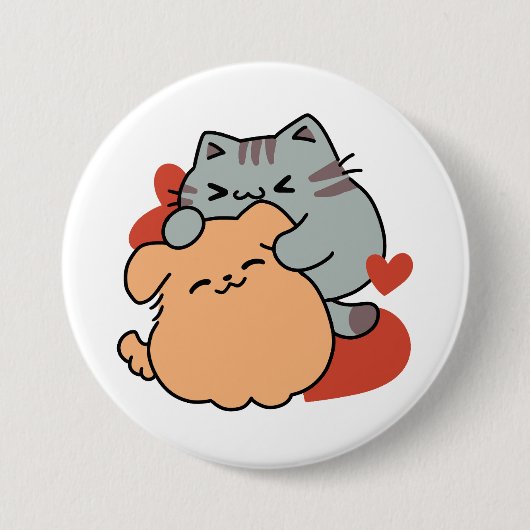 Badge Rond 7,6 Cm Adorable chat et chien Hug - Meow & Woof Design (Devant)