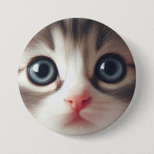 Badge Rond 7,6 Cm Adorable Kitts Blanc Gris Avec Yeux Bleus