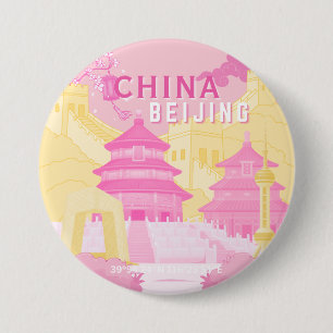 Badge Rond 7,6 Cm Affiche de voyage à Pékin Chine   Art rose et jaun