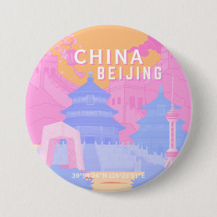 Badge Rond 7,6 Cm Affiche de voyage à Pékin Chine Pastel rose et b
