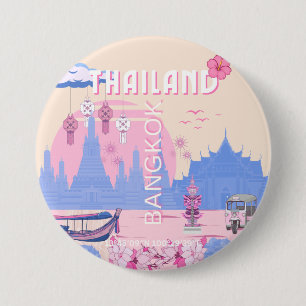 Badge Rond 7,6 Cm Affiche de voyage pastel bleu rose de Bangkok Thaï