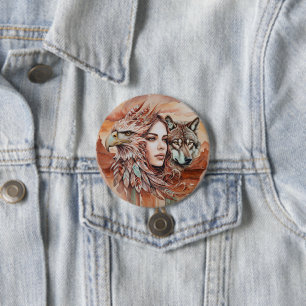 Badge Rond 7,6 Cm Aigle - Femme - Loup - art aquarelle 1 - Fan Fun