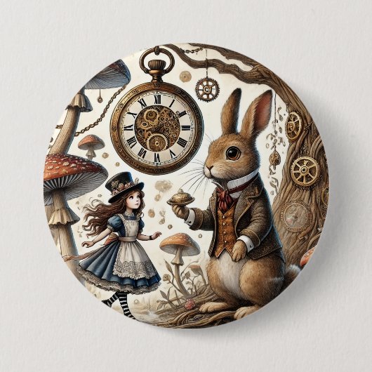 Badge Rond 7,6 Cm Alice au pays des merveilles Thé Art lapin blanc (Devant)
