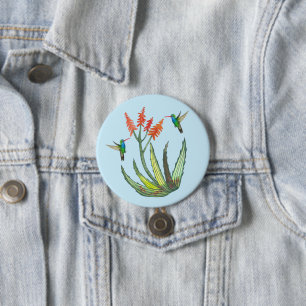 Badge Rond 7,6 Cm Aloe Vera Fleur Succulente Hummingbirds Aquarelle