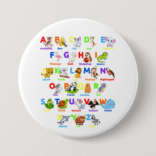 Badge Rond 7,6 Cm Alphabet Animal ABCs Apprentissage Round Bouton (Devant)