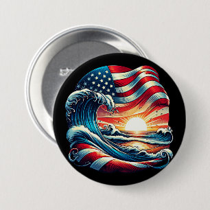 Badge Rond 7,6 Cm American USA Flag Beach Wave Sunset Patriotic Art